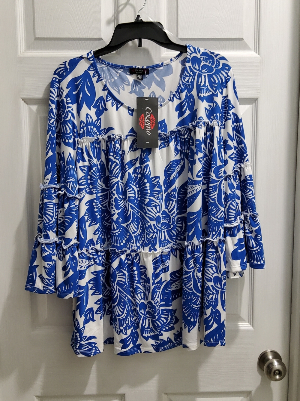Womens Blue & White Floral Tiered Women’s Top